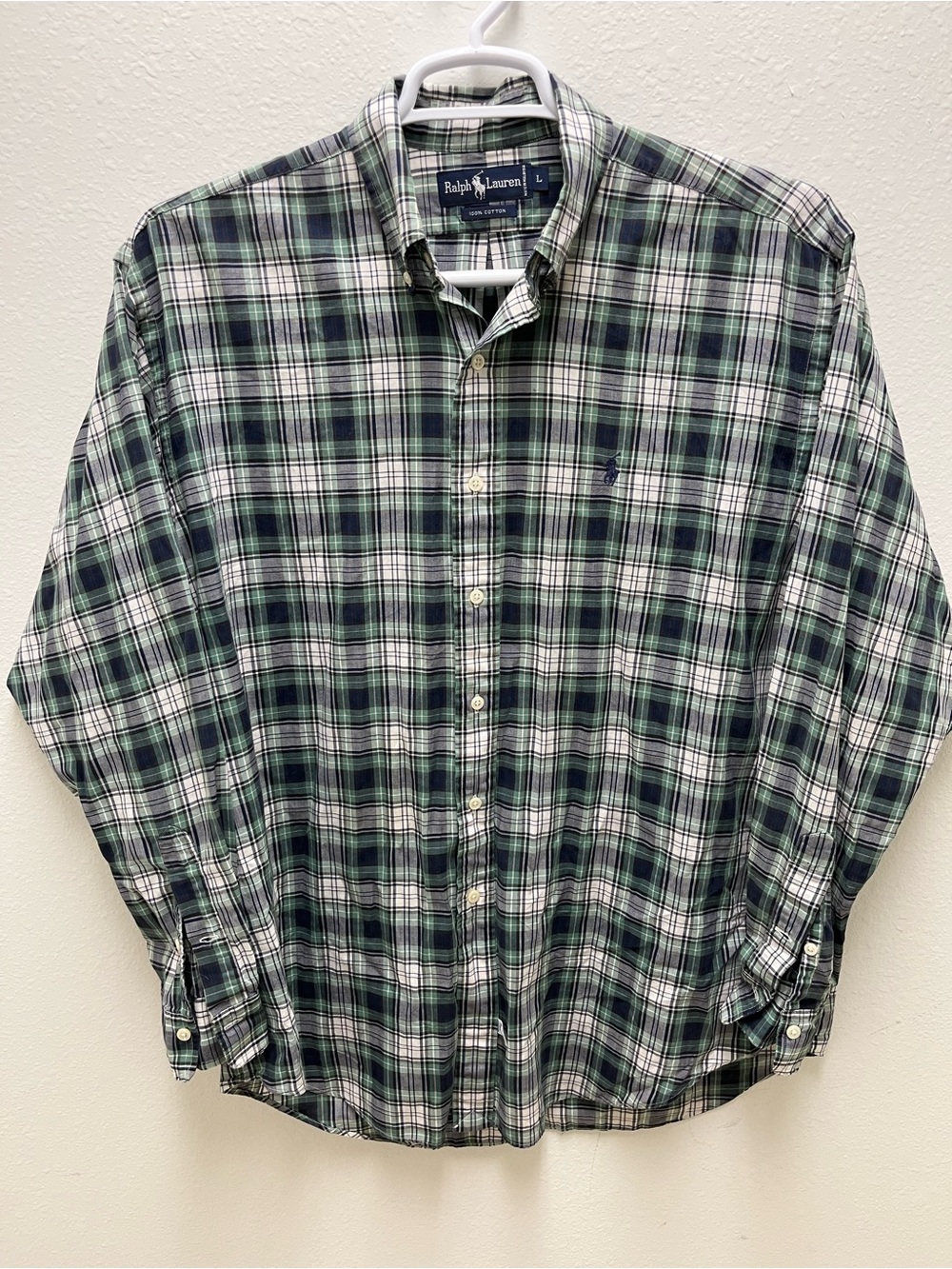 Ralph Lauren Men's L Green Navy White Plaid Cotton Long Sleeve Button-Down Shirt